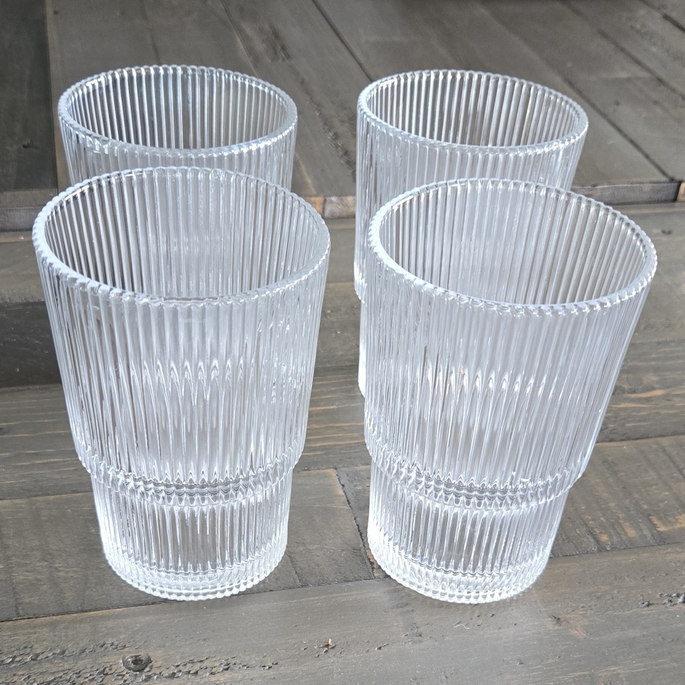 Crate & Barrel Atwell HiBall Ribbed Clear Glass Set 4